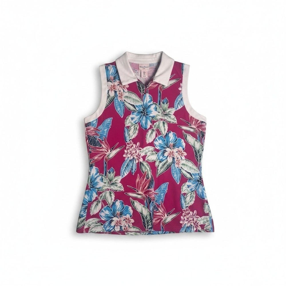 Tommy Bahama Golf Womens Large Pink Tropical Floral Sleeveless Quarter Zip Polo - Picture 2 of 12